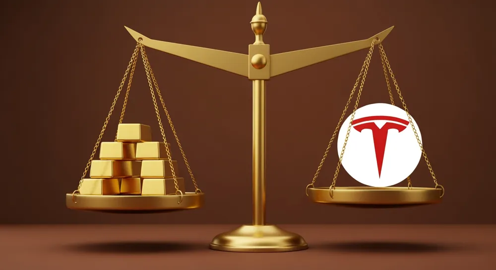 Eine Waage mit Goldbarren auf der einen Seite und einem Tesla-Logosymbol auf der anderen Seite, das Vergütungsentscheidungen darstellt.