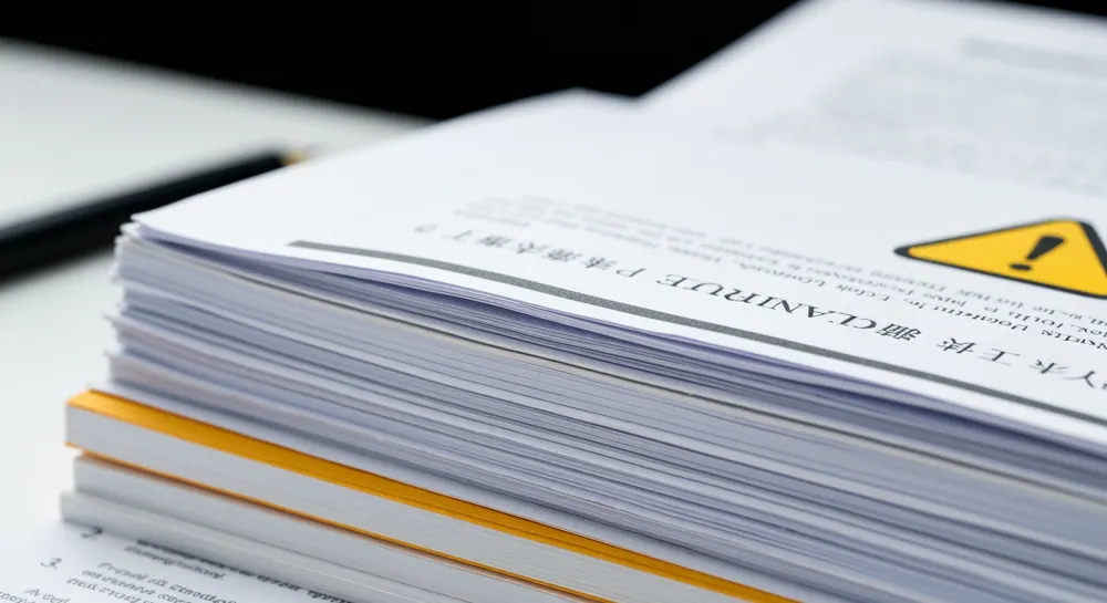 Eine Nahaufnahme eines Stapels offizieller Dokumente mit einem Warnsymbol, das die Ernsthaftigkeit der Bildungspolitik unterstreicht.