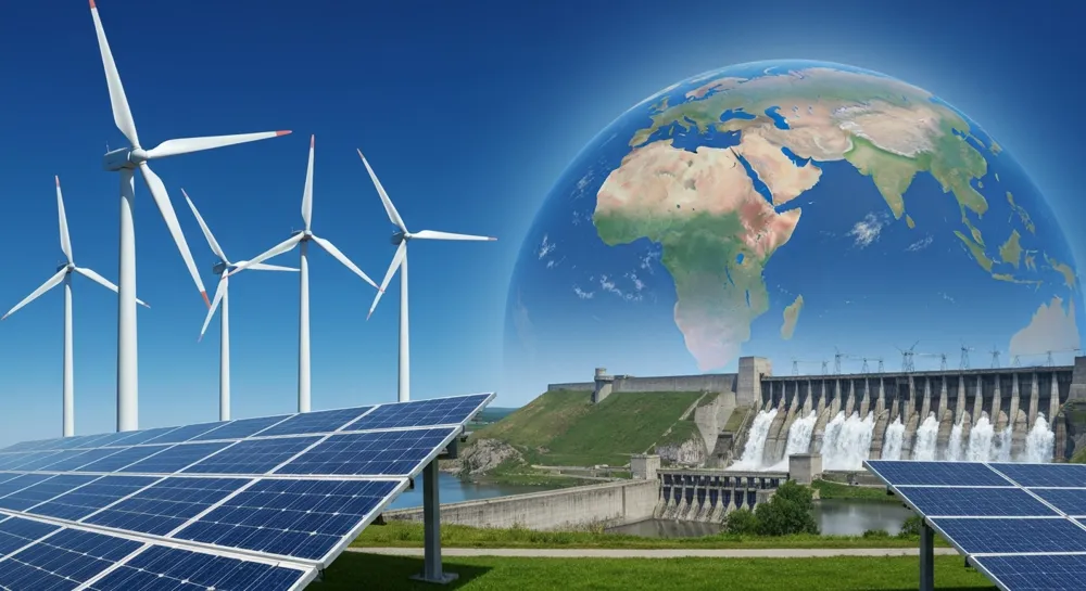 Коллаж различных источников энергии: ветряных турбин, солнечных панелей и гидроэлектростанций, показанный на фоне земного шара и отражающий глобальную поддержку диверсификации энергетики.