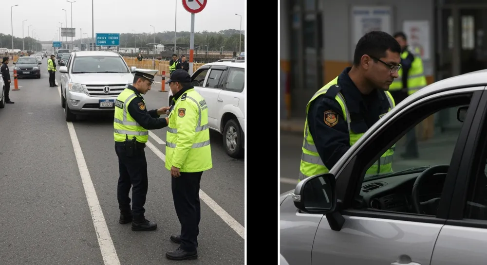 Eine detaillierte Ansicht eines Grenzkontrollpunkts, in dem Beamte Fahrzeuge kontrollieren und die Sicherheitsmaßnahmen während einer festlichen Zeit hervorheben, aufgenommen in einem düsteren, nachrichtendokumentarischen Stil.