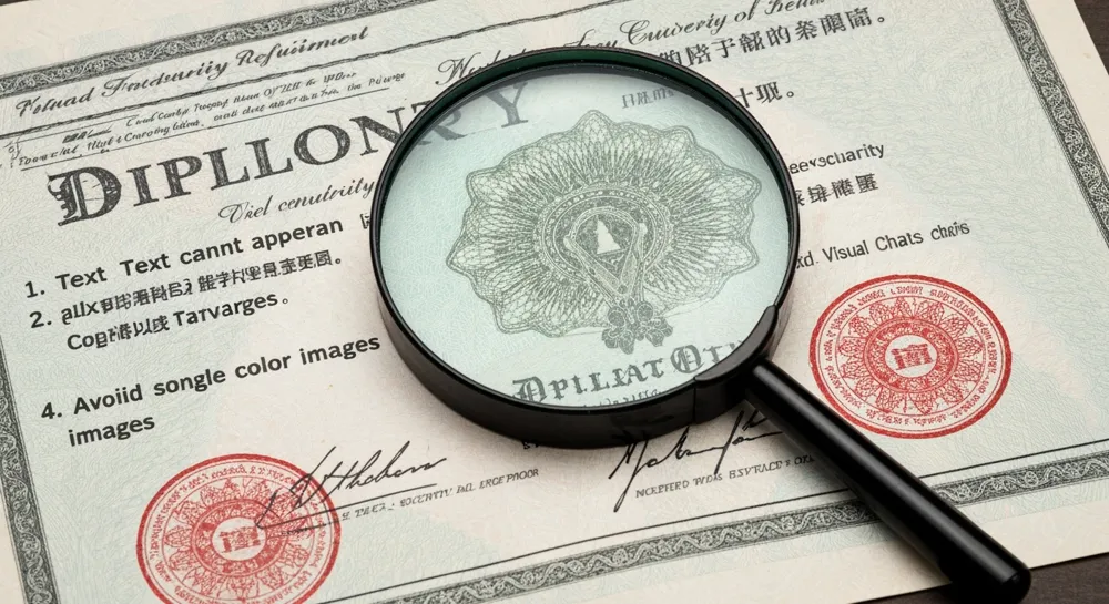 Vue détaillée d'un diplôme universitaire à la loupe, mettant en évidence les éléments de sécurité et les motifs complexes, sur fond neutre.