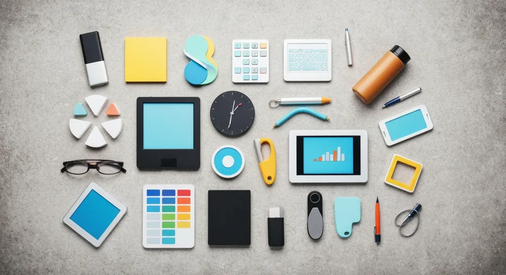 Eine Vielzahl digitaler Tools und Ressourcen, die auf einer strukturierten Oberfläche angeordnet sind und die Empowerment durch Technologie beim Lernen symbolisieren.