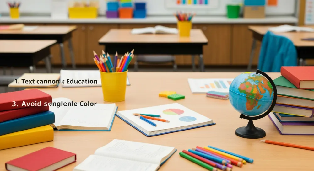 Разнообразная классная обстановка с красочными учебными материалами и различными учебными пособиями, демонстрирующая земной шар и книги, подчеркивающие глобальное образование, без персонажей или текста.