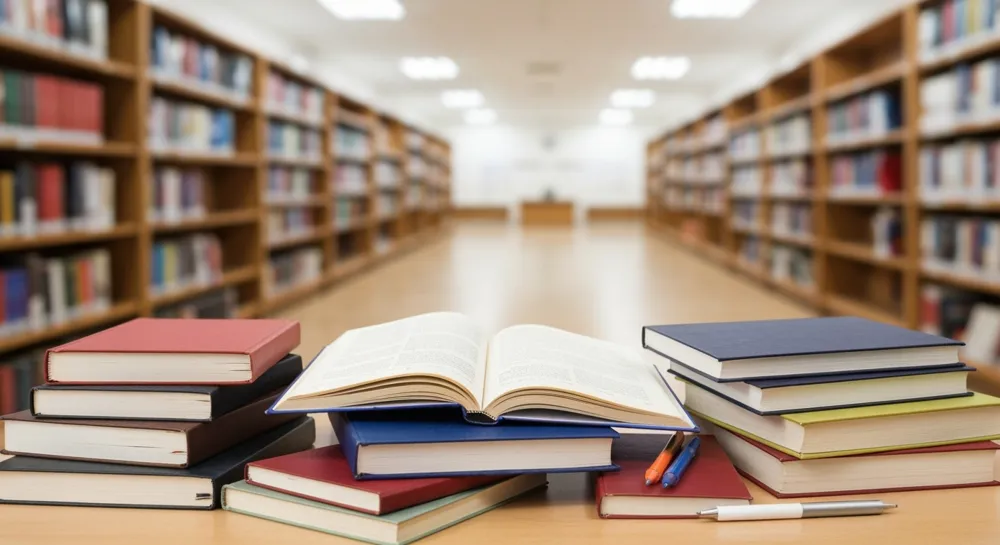 Un ensemble varié de livres universitaires et de papeterie éparpillés sur un bureau, avec un arrière-plan flou représentant une bibliothèque universitaire.