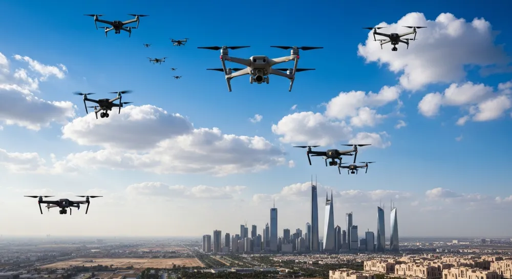 Une vue aérienne dynamique de drones survolant une ligne d'horizon, présentant un mélange de technologie et d'innovation, avec diverses formations nuageuses et couleurs dans le ciel symbolisant la région du Golfe.