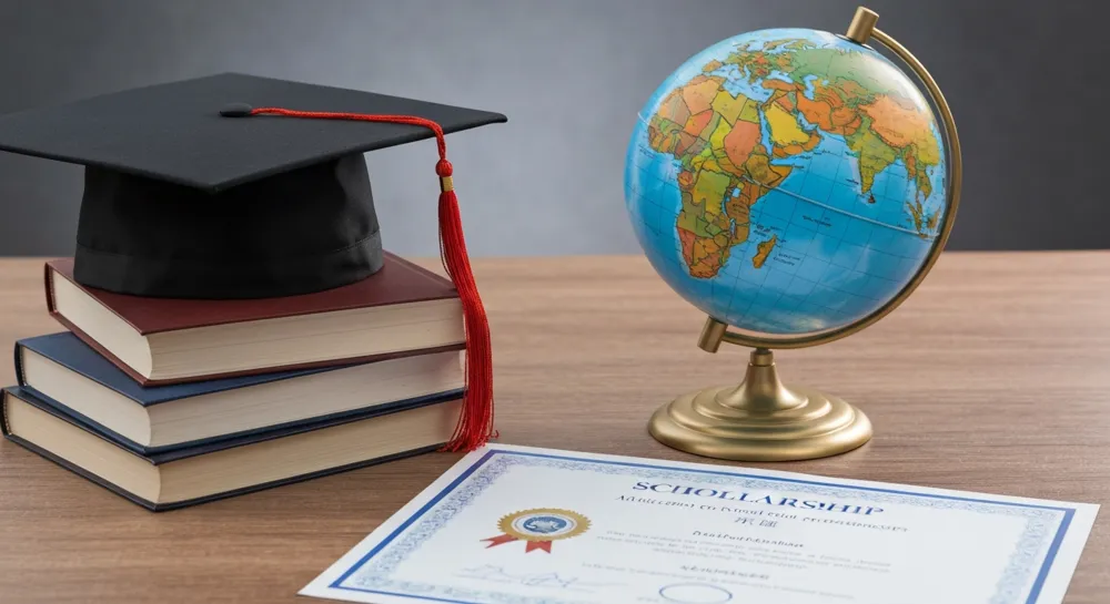Ein fokussiertes Bild mit einer Abschlusskappe, Büchern, einem Globus und einer Stipendienurkunde, angeordnet auf einem strukturierten Holztisch, das Bildungsleistungen und globale Chancen vermittelt.