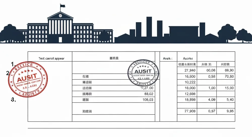 Un bilan officiel avec des colonnes présentant les chiffres financiers, des timbres d'audit et la silhouette d'un bâtiment universitaire en arrière-plan.