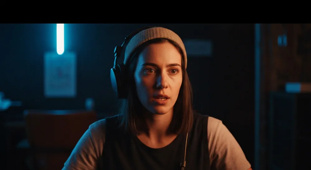 Фрагментированный ландшафт с контрастными техническими символами.