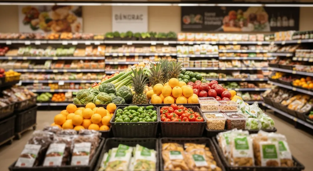 Un chariot d'épicerie rempli de produits divers.