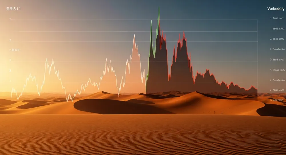 Un graphique linéaire irrégulier présentant la fluctuation des prix de l'énergie, en toile de fond du paysage désertique du Maroc, intègre des couleurs chaudes du désert et une zone plus sombre représentant la vulnérabilité.