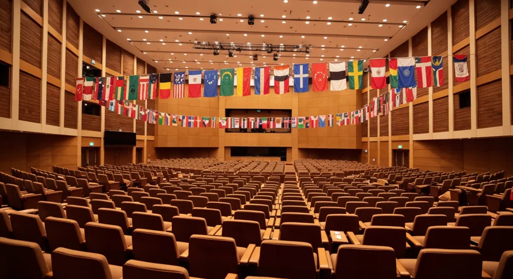 Un grand auditorium rempli de drapeaux et de bannières colorés, symbolisant diverses cultures éducatives, des chaises vides disposées pour les participants, témoignant d'une atmosphère d'anticipation et de collaboration mondiale.