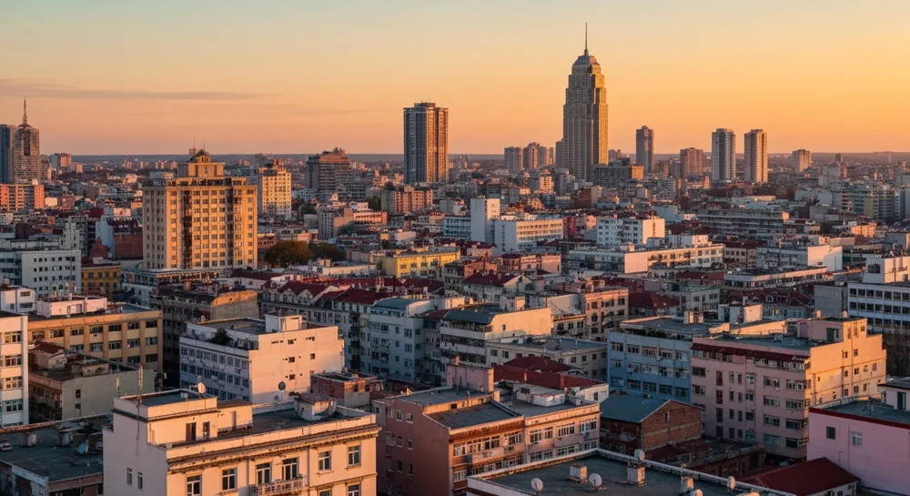 Ein Weg voller verschiedener Flaggen, der zu einer offenen Tür führt und die Möglichkeiten für internationale Studierende symbolisiert.
