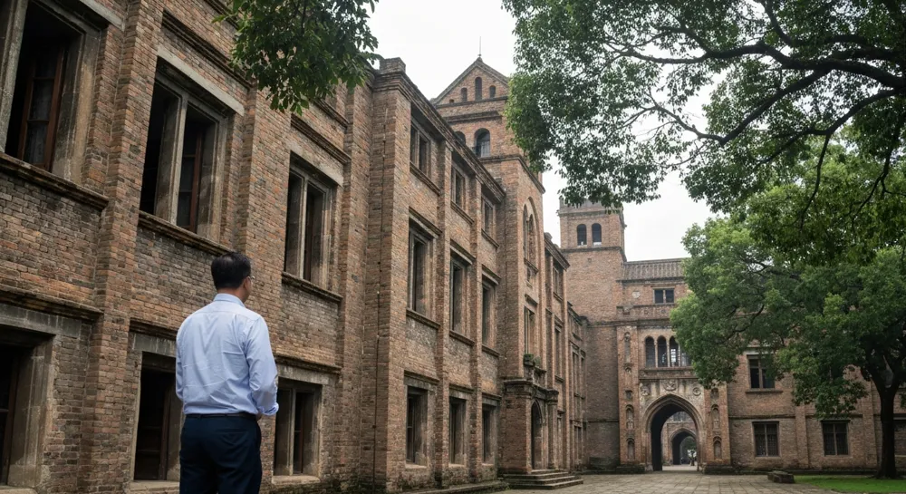 Ein Professor steht inmitten eines alten Universitätscampus und fängt einen Moment der Besinnung mit verwitterten Backsteingebäuden und üppigem Grün ein.