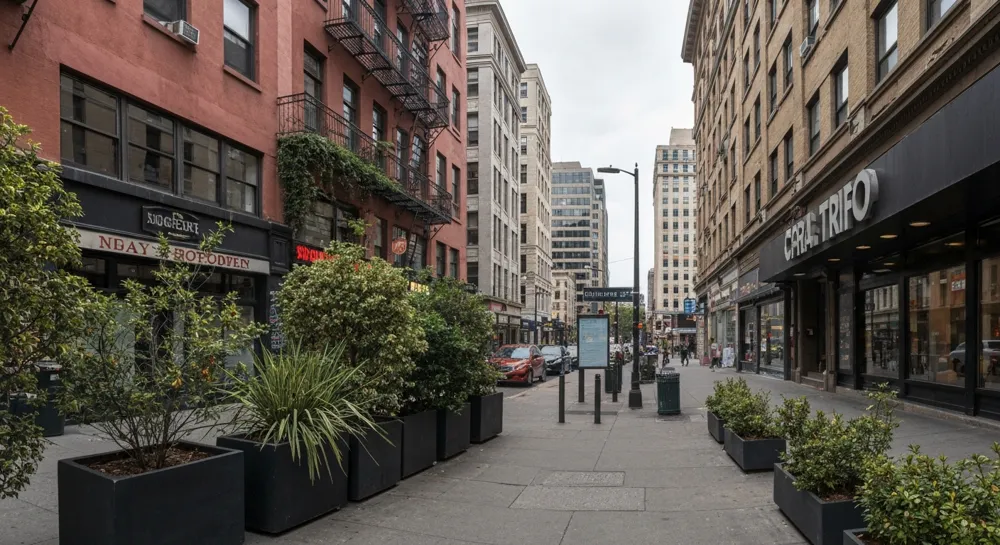 Восходящая стрелка, наложенная на яркий городской пейзаж.