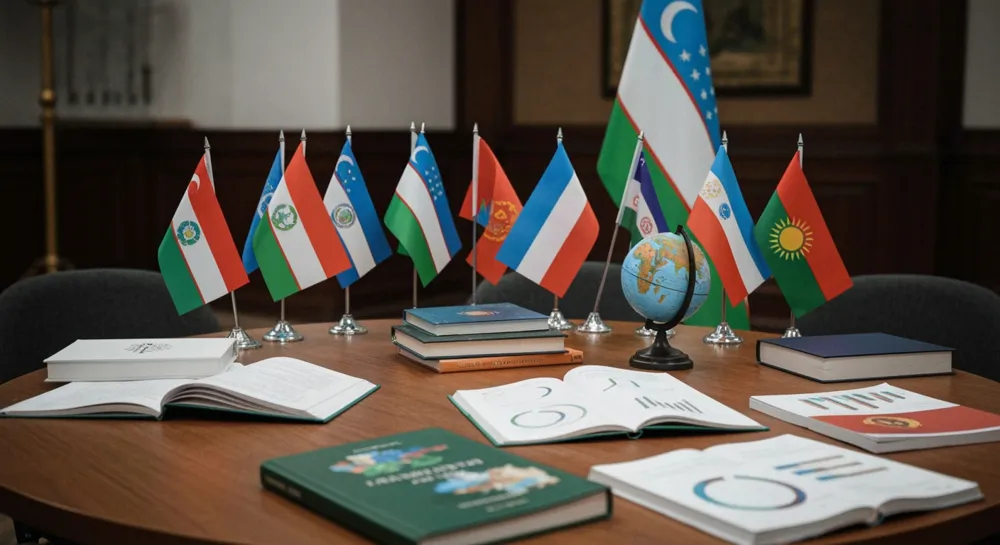 Круглый стол с различными флагами Узбекистана и шести соседних стран, стол с книгами, глобусом и учебными материалами, оформленный в суровом документальном стиле.