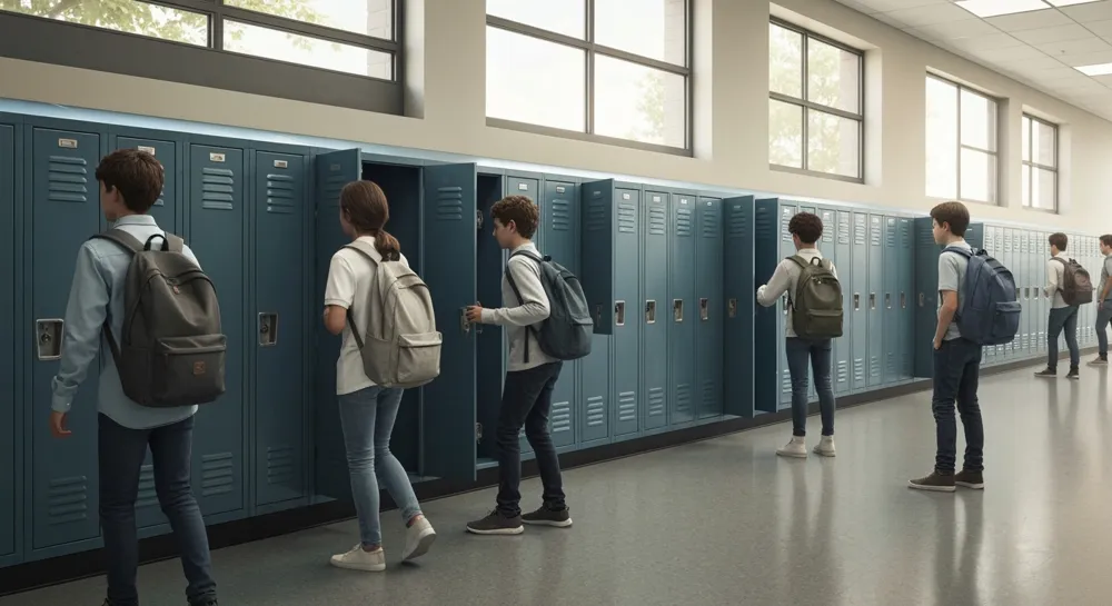 Ein Schulgebäude mit Flaggen, Globus und Schülern, die an kulturellen Aktivitäten teilnehmen.