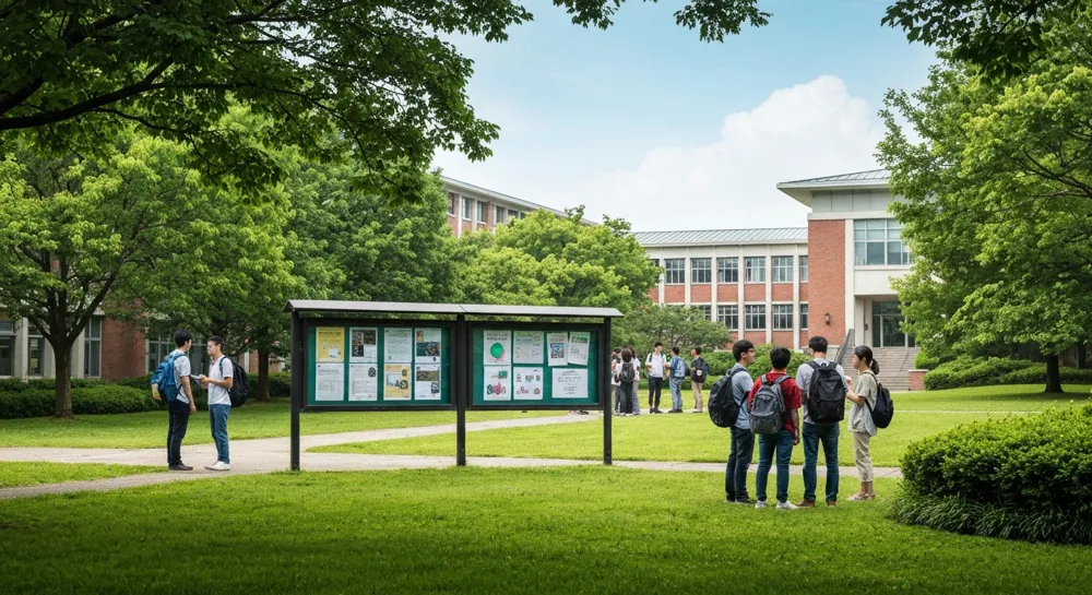 Безмятежный пейзаж кампуса со студентами, собравшимися вокруг доски объявлений с объявлениями о стипендиях, в окружении зелени и учебных зданий.