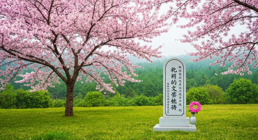Eine ruhige Landschaft mit blühenden Kirschblüten und einem traditionellen Grabstein, der die Essenz der Erinnerung während des Qingming-Festivals einfängt.