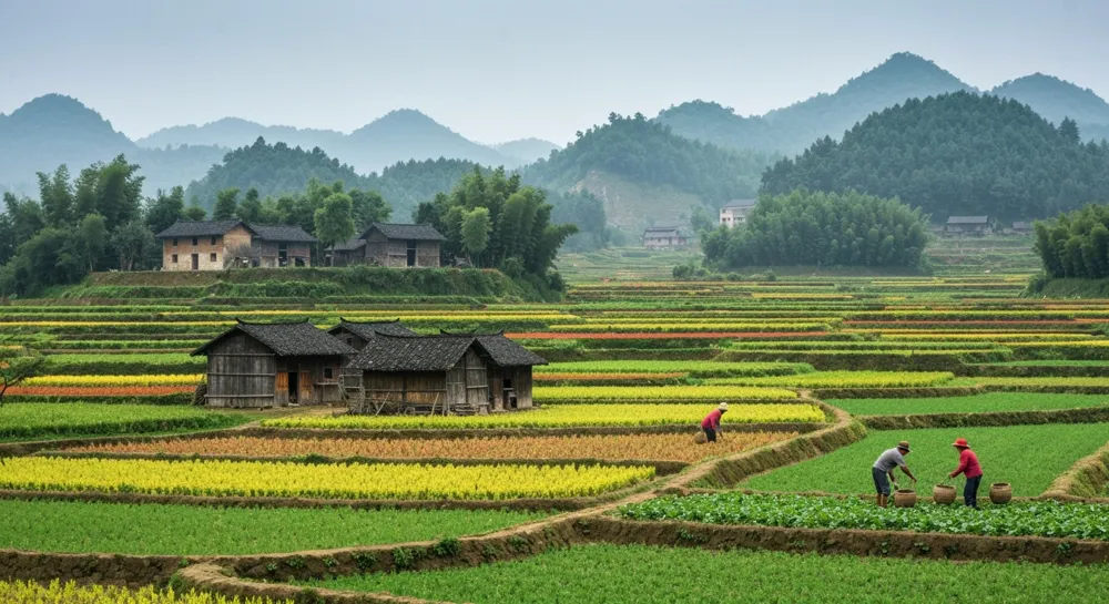 Un paysage serein montrant la campagne chinoise traditionnelle avec des champs animés, des maisons rustiques et des agriculteurs pratiquant des activités agricoles, mettant en valeur l'harmonie entre la nature et le développement rural.