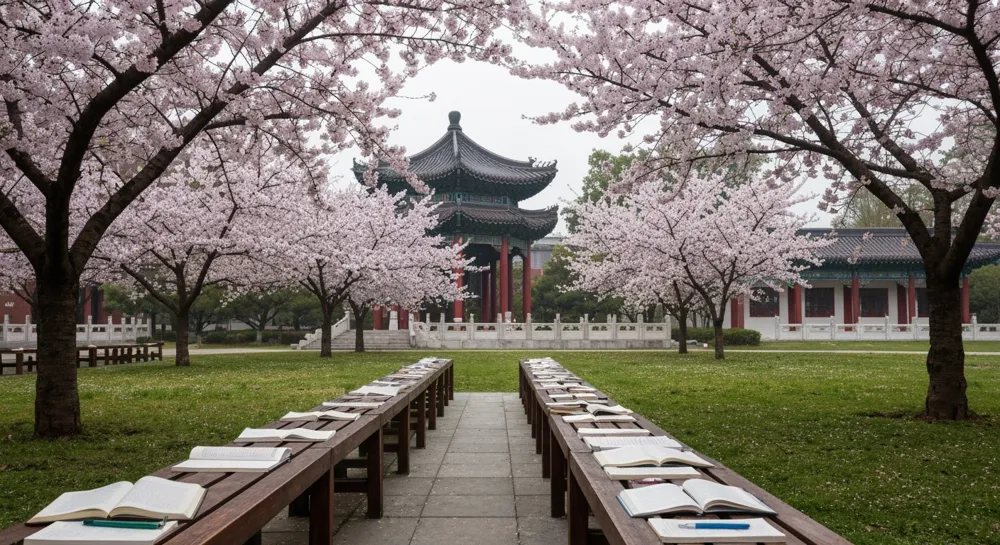 Un campus serein de l'université de Pékin au printemps, des cerisiers en fleurs, des éléments architecturaux traditionnels, du matériel d'étude étalé sur des bancs et une atmosphère paisible.