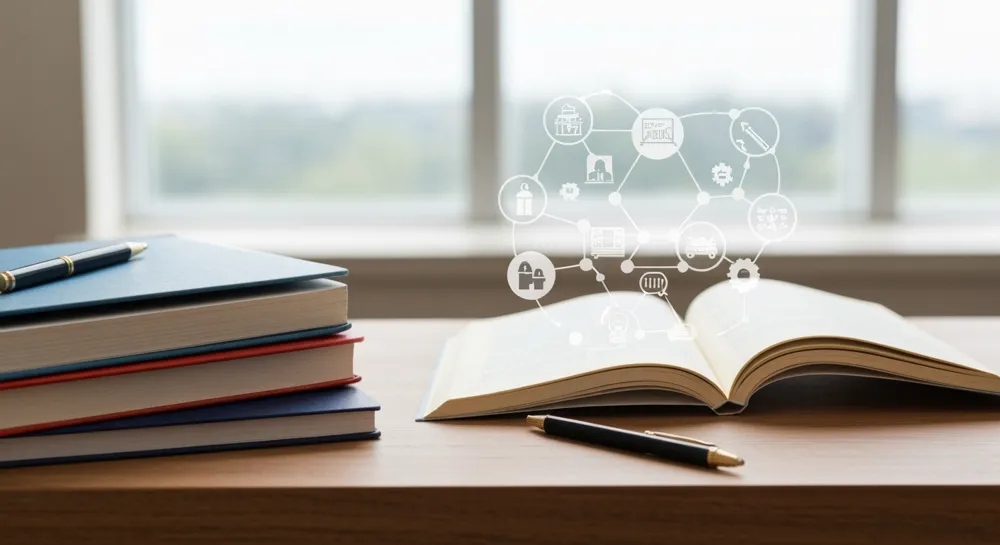 Eine ruhige Lernumgebung mit akademischen Materialien und einer subtilen Darstellung von Stipendienmöglichkeiten, die ein Gefühl von Ehrgeiz und Hoffnung ausstrahlt.