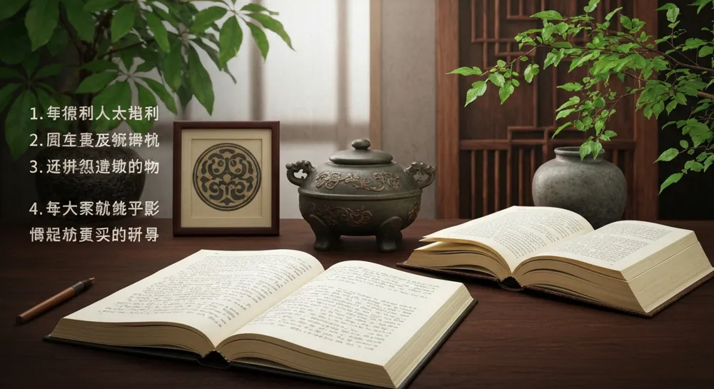 Un espace d'étude serein avec des livres ouverts, des objets traditionnels chinois et des éléments botaniques, véhiculant un sentiment de culture et de connaissance.