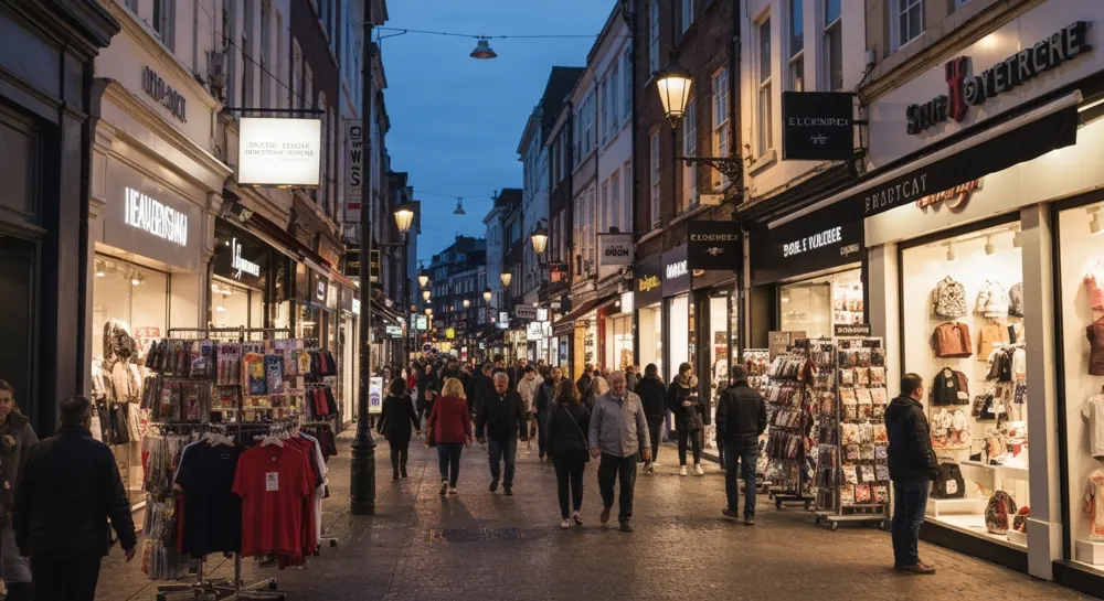 Ein ruhiger Universitätscampus mit leeren Bänken unter bewölktem Himmel.