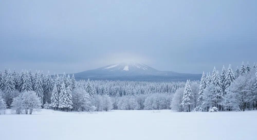 Eine einfache Winterlandschaft mit schneebedeckten Bäumen und einem fernen Berg, die das Thema Winterurlaub symbolisiert. Die Szene ist natürlich und unberührt und betont Ruhe und Bildung.