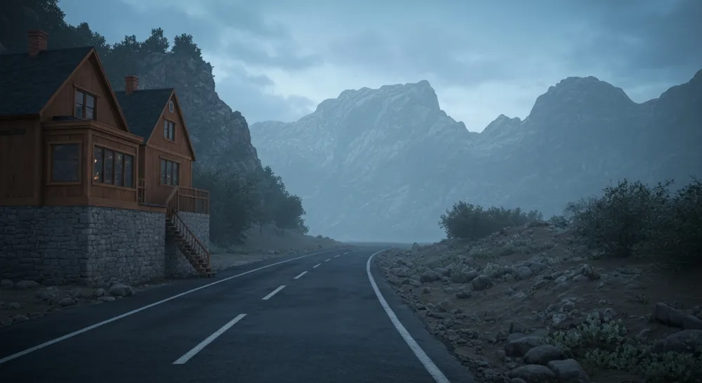 Eine stilisierte Straße mit Modeelementen und Warnschildern.