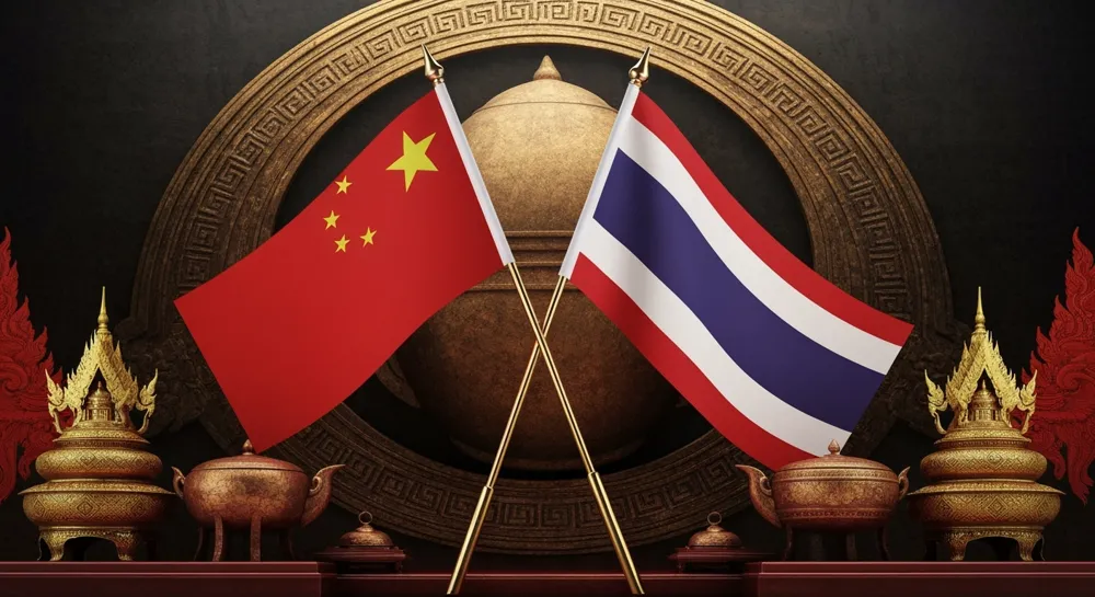 Ein symbolisches Geflecht chinesischer und thailändischer Flaggen, das die Einheit symbolisiert, vor dem Hintergrund traditioneller kultureller Elemente aus beiden Ländern, die den Meilenstein des Jubiläums unterstreichen.