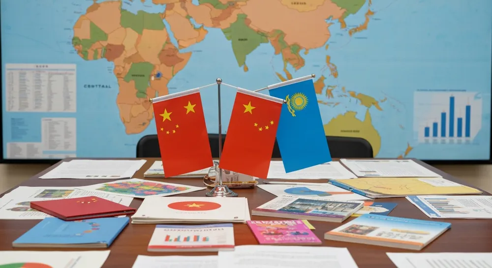 Ein Diskussionstisch mit Flaggen Chinas und Zentralasiens, umgeben von diversen Unterrichtsmaterialien und einem Hintergrund mit einer Karte, die Zentralasien hervorhebt.