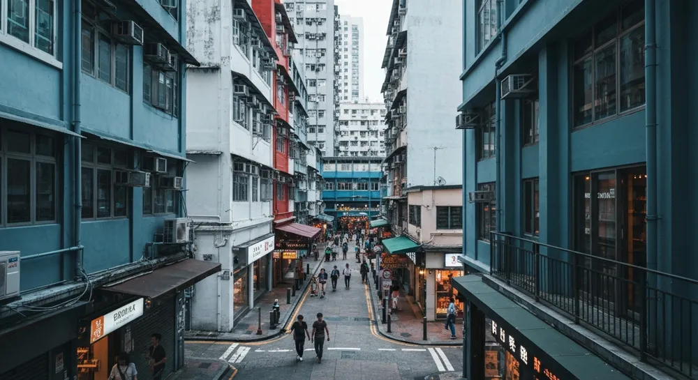 Eine verworrene Stadtstraße mit Verkehrskegeln und Verkehrsschildern.