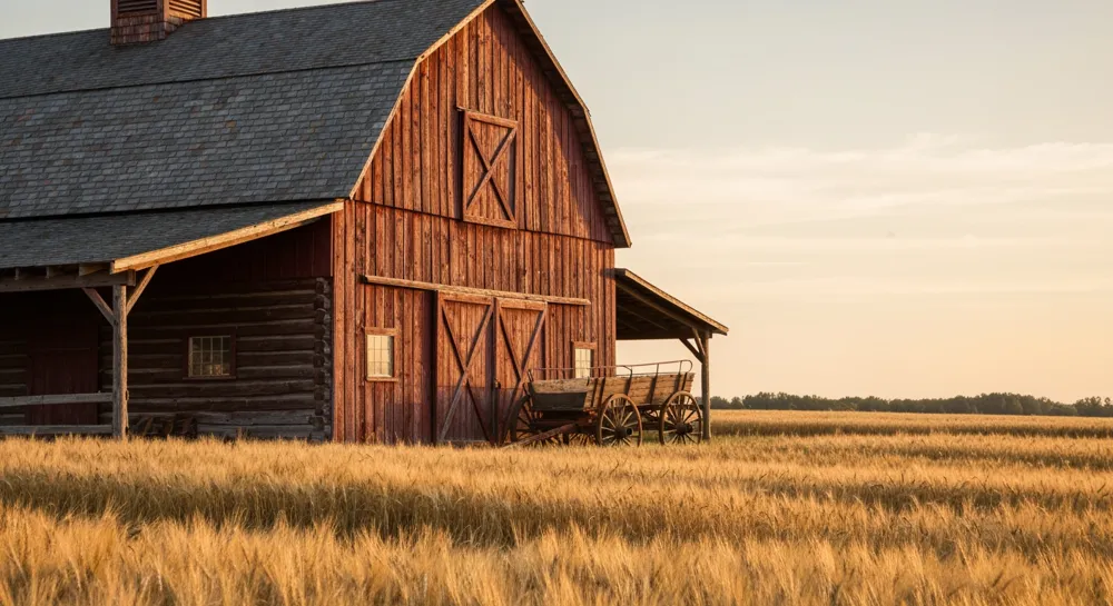 Ein Traktor auf einem stabilen Feld mit angebauten Pflanzen.