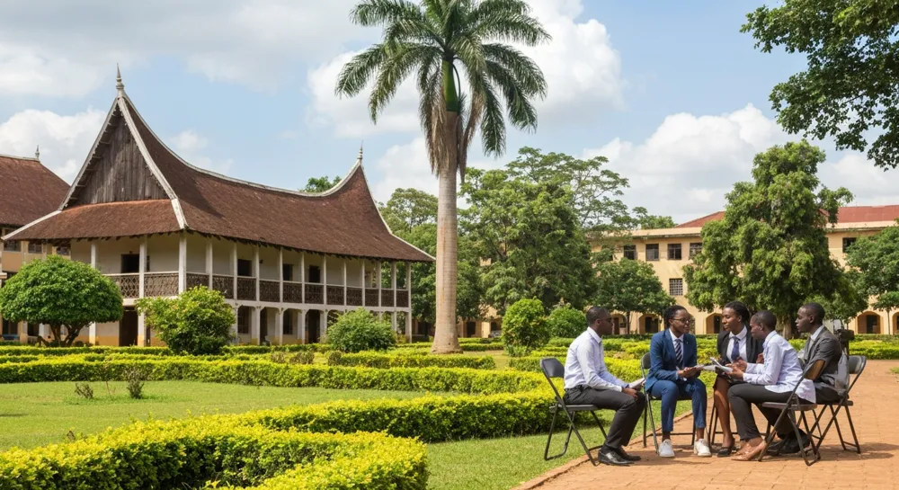 Une scène de campus dynamique avec une architecture africaine traditionnelle, une végétation luxuriante et des étudiants engagés dans des discussions, capturant l'essence de l'héritage éducatif et du patrimoine culturel.