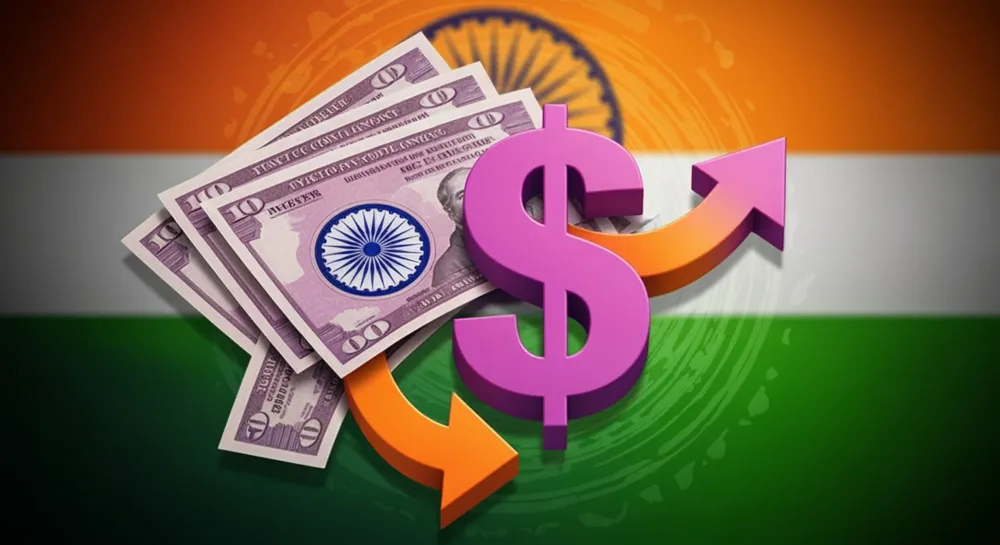 Яркое изображение переплетающихся символов индийской валюты и доллара со стрелками, указывающими на валютный поток. На заднем плане представлены элементы цветов индийского флага.