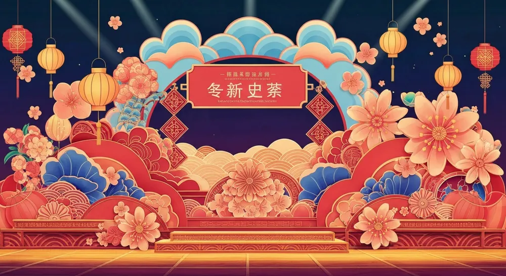 Eine lebendige digitale Bühne mit abstrakten Dekorationen, die den Frühling symbolisieren, mit farbenfrohen Blumen, Laternen und traditionellen Mustern, die eine festliche Atmosphäre hervorrufen.