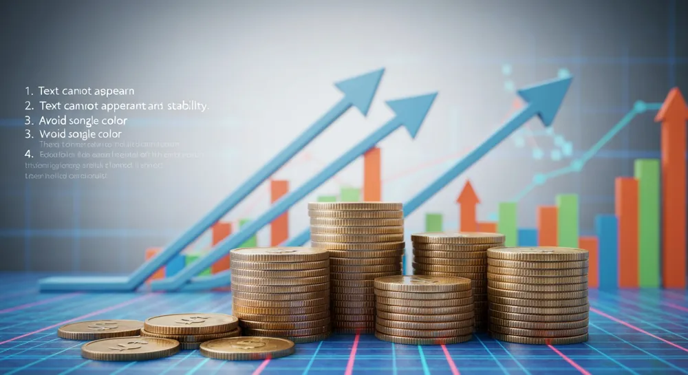 Визуальное представление финансового роста и стабильности со стрелками вверх, стопками монет и ярким графическим фоном.
