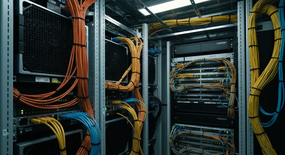 Абстрактный центр обработки данных с элементами искусственного интеллекта и символами стресса.