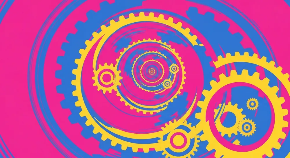 Abstrakte Zahnräder und Pfeile, die Strategie symbolisieren.