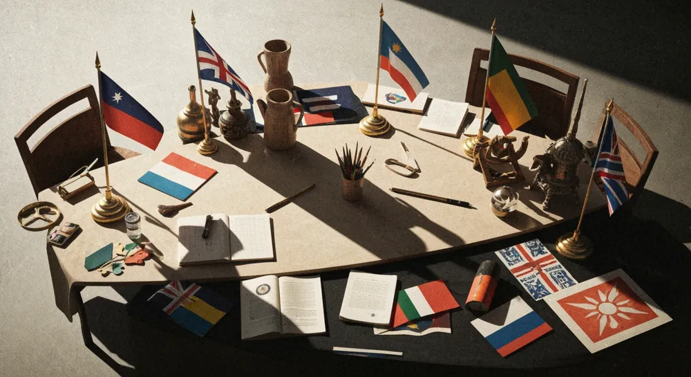 Абстрактные изображения стола для обсуждения, окруженного различными международными символами, такими как флаги и культурные артефакты, с мягкими тенями и зернистой текстурой, напоминающей документальную фотографию.