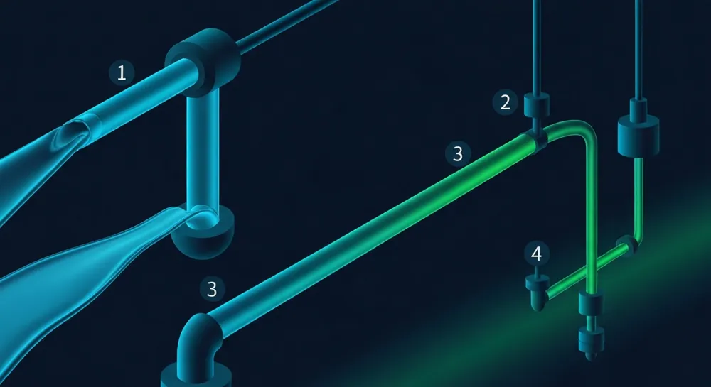 Sistemas abstractos de refrigeración líquida con formas interconectadas y gradientes graduales, que muestran el proceso de enfriamiento a través de tonos líquidos azules y verdes fluidos.