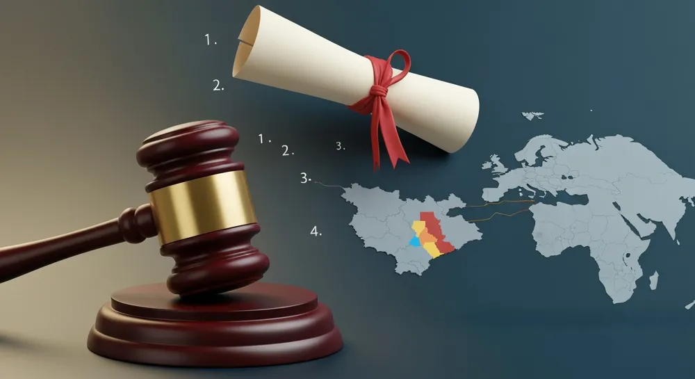 Eine abstrakte Darstellung eines Hammers, ein teilweise zerrissenes Diplom und eine Karte, auf der bestimmte Regionen hervorgehoben sind. Die Farben sind gedämpft und spiegeln einen ernsten Ton wider.