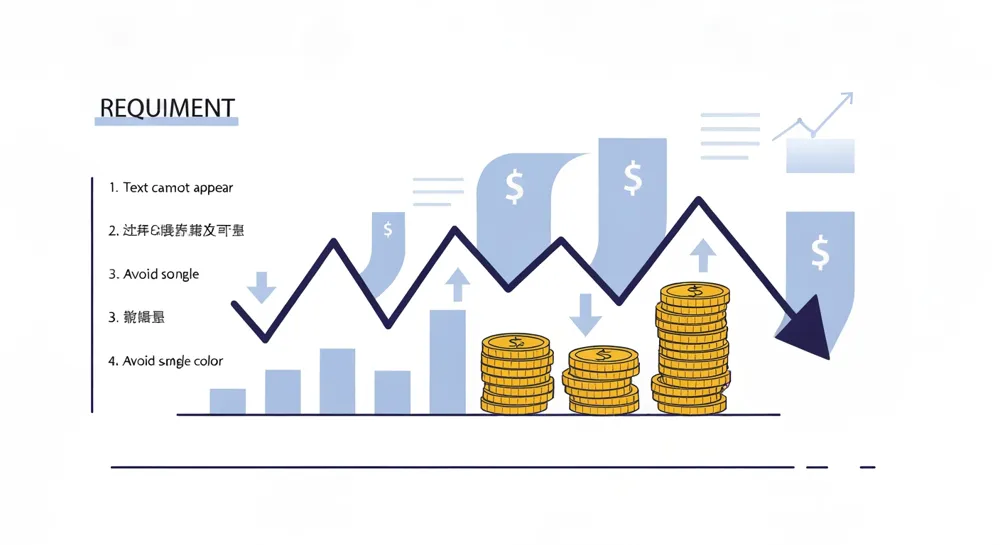 Abstrakte Darstellung von Finanztransaktionen, die einen Abwärtstrend mit Pfeilen, Münzstapeln und abstrakten Formen darstellt, die den Währungsfluss symbolisieren.