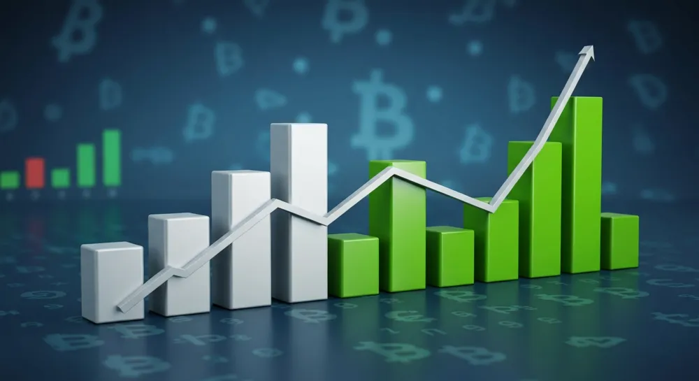 Visualización abstracta de una tendencia creciente de depósitos bancarios, con barras plateadas y verdes y un telón de fondo de símbolos de monedas digitales, que representan el auge financiero.