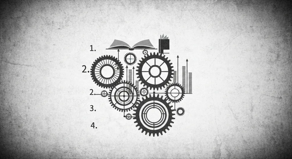 Una representación abstracta de engranajes y libros interconectados, que simboliza la educación y el crecimiento, sobre un fondo texturizado que refleja una atmósfera seria y vibrante.