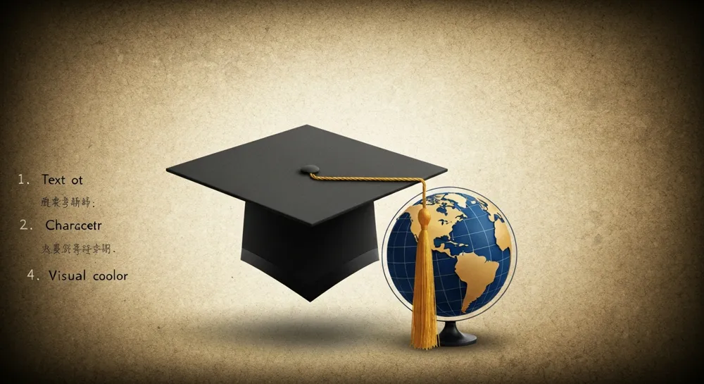 Una imagen abstracta de una gorra de graduación y un globo terráqueo, que simboliza la educación y las oportunidades internacionales, con un fondo texturizado que refleja un tema académico.