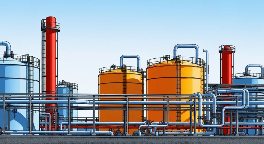 Représentation abstraite d'une installation industrielle avec de grands réservoirs et tuyaux, illustrant le concept de production chimique. Les couleurs vives symbolisent l'innovation et le progrès.