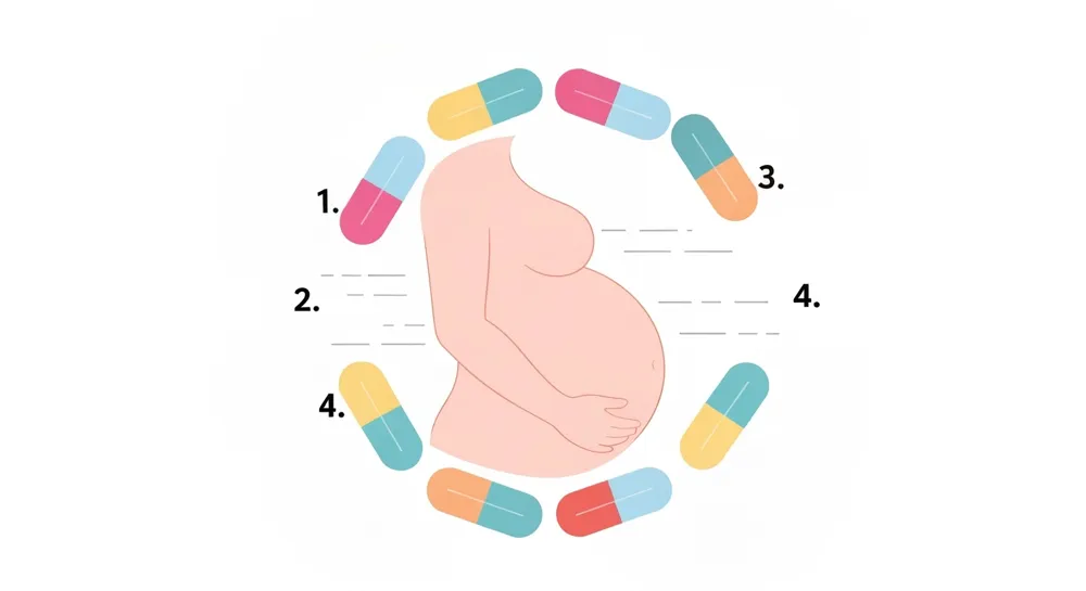 Абстрактное изображение беременности и приема лекарств, изображающее мягкие формы беременной, окруженные разноцветными капсулами и нежными линиями, символизирующими заботу и осторожность.