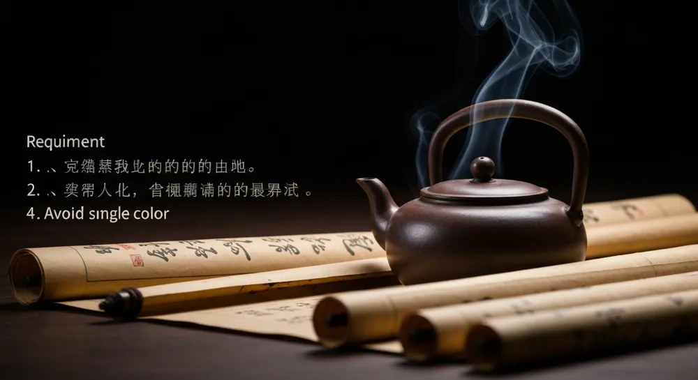 Una tetera china antigua rodeada de pergaminos antiguos, con volutas de vapor que se elevan y evocan un sentido de la historia y la cultura.