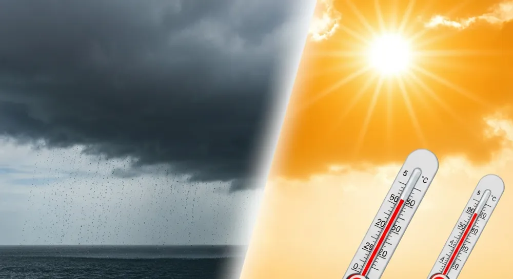Una imagen que muestra un clima contrastante: nubes de lluvia oscuras en el sur con gotas de lluvia que caen y un sol brillante con termómetros que reflejan el aumento de las temperaturas en el norte.
